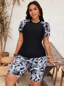 Swim Lushoire Tropical Leaf Print Plus Size Tankini For Summer Beach Vacation