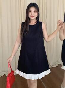 Dazy Plus 大码拼色下摆圆领无袖紧身短款夏季连衣裙，休闲女装 - 黑色 - 查看 6