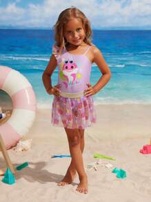 BABY SHARK X SHEIN 年轻女孩鲨鱼图案不对称领口连体泳衣和全身印花裙套装