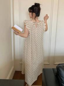 Dazy Plus Plus Size Patchwork Ruffle Trim Polka Dot Long Nightgown, Cute Home Sleepwear Women Nighty ,Vacation