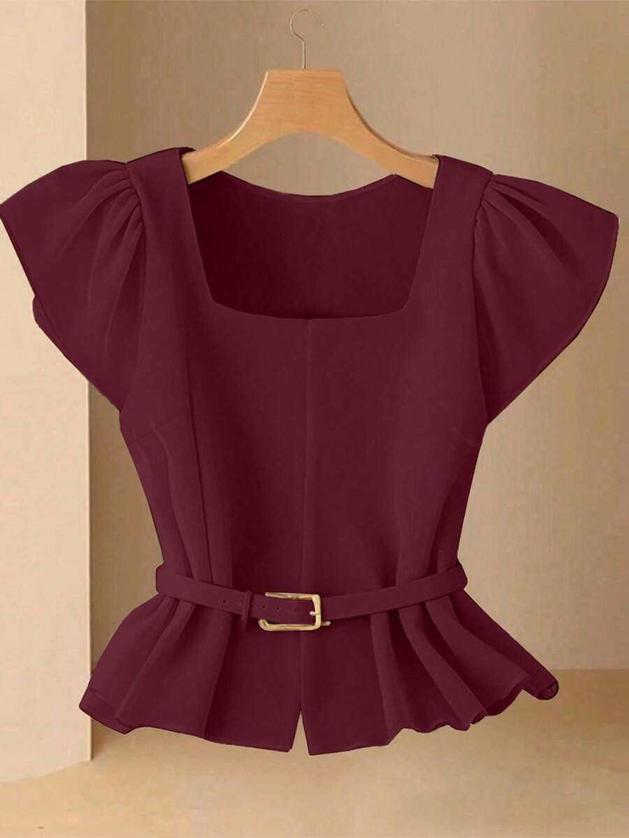 女式夏季优雅纯色盖袖荷叶边上衣 - 酒紅色 - 查看 1