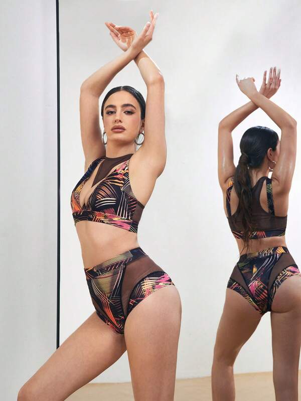 Menodora SHEIN Sport Set sport pentru femei cu imprimeu tropical, cu imprimeu de piept, cu mânecă goală, din plasă