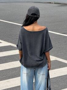 Muchica 女士黑色雪洗针织休闲单肩不对称领口宽松T恤