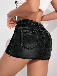 SHEIN PETITE 女式夏季休闲毛边破洞牛仔迷你裙 - 黑色 - 查看 2