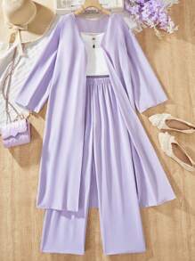 3pcs/Set Girls Cardigan, Camisole Top And Leisure Pants Outfit, Suitable For Spring/Autumn - Mauve Purple - View 1