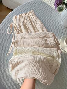 SHEIN VCAY Pantalones largos de pierna ancha de estilo romántico y casual de la isla con parches de encaje en talla grande en color albaricoque, pantalones capri de algodón cómodos