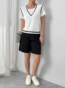 SHEIN LUNE Women's Summer Loose Round Neck Contrast Color Patchwork V-Neck Sleeveless Sweatshirt,Graduation,Teacher,Back To School Pullover Fall - Black and White - View 3