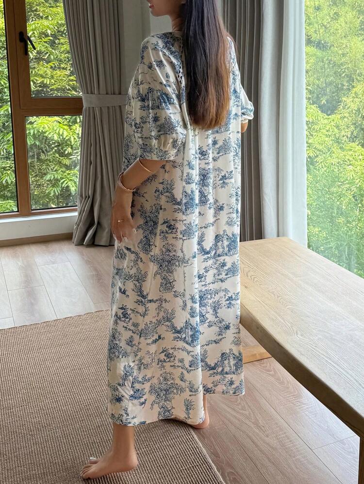 Women's Landscape Print Patchwork Raglan Sleeve Puff Sleeve Nightgown,Back To School Clothes Pajama, Moo Moo