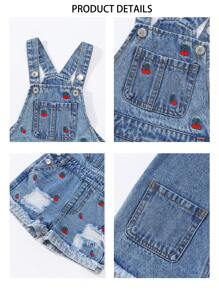 SHEIN Elladie kids 少女樱花刺绣牛仔背带短裤。适合节日穿着，复活节，春节，儿童节，返校季和其他活动。 - 淺色水洗藍 - 查看 7