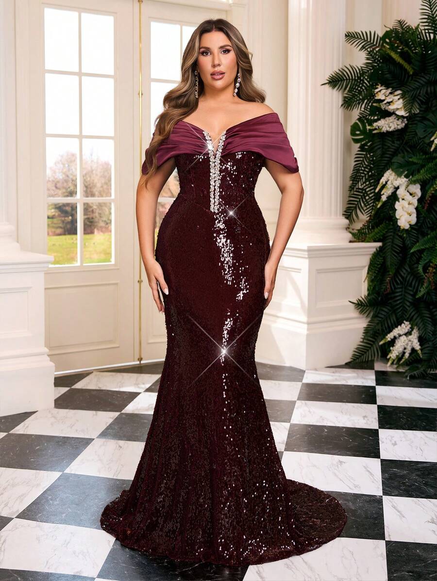 Glamrae 加大码优雅酒红色亮片露背高开衩美人鱼晚礼服，水钻装饰露背礼服，适合婚礼、舞会、派对舞会礼服，女士，婚礼宾客 - 酒紅色 - 查看 1