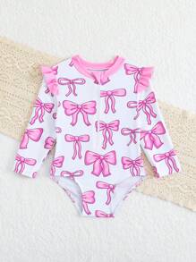 SHEIN 女婴蝴蝶印花荷叶边盖袖拉链连体泳衣 - 粉色 - 查看 6