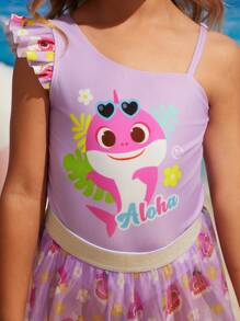 BABY SHARK X SHEIN 年轻女孩鲨鱼图案不对称领口连体泳衣和全身印花裙套装