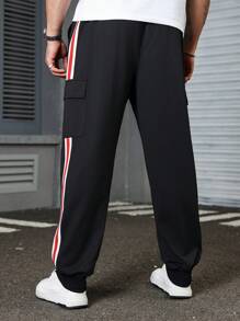Manfinity Homme Men's Red & White Striped Contrast Side Zipper Pocket Drawstring Waist Sports Pants - Black - View 2