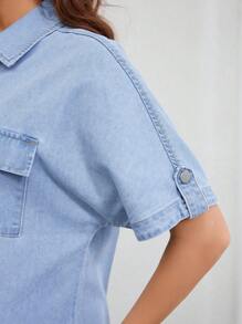 SHEIN Maternity Solid Color Front Button Asymmetrical Hem Short Sleeve Denim Dress - Light Wash - View 5