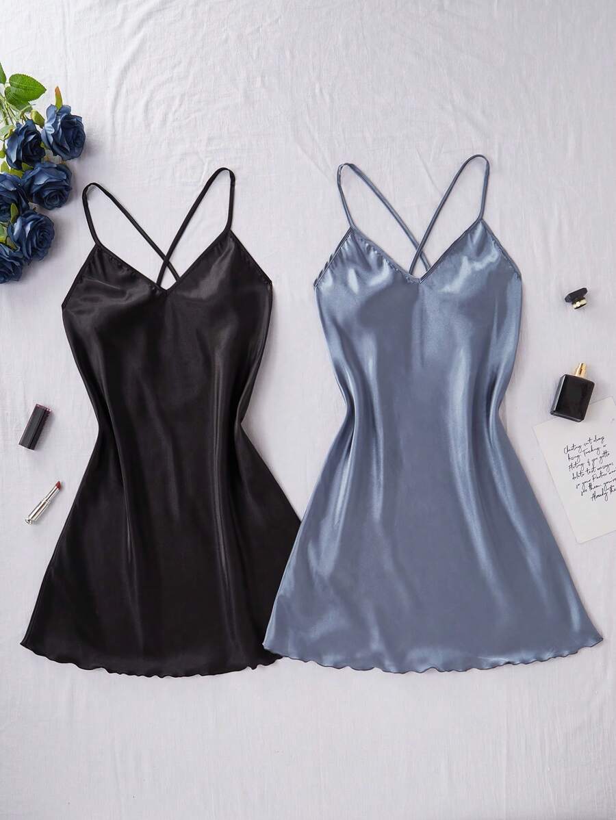 SilkySpell 双色纯色交叉带缎面女式睡袍