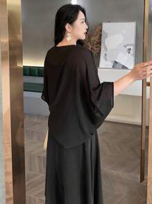 Dazy Plus Plus Size Solid Color Sheer Raglan Sleeve Cover Up - Black - View 2