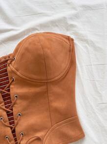 Soleia Bohemian Leather Camisole Top With Tie, Suede Panel, For Beach Vacation - Brown - View 4