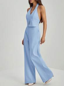 SHEIN Tall 办公室女士V领露背无袖上衣+阔腿裤修身加长套装 - 淺藍色 - 查看 3