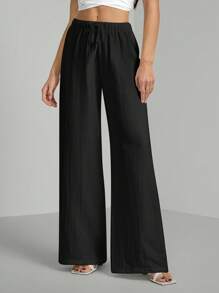 SHEIN Tall Loose Cotton Drawstring Waist Trousers In Textured Crinkle Fabric,Cargo Pants - Black - View 7