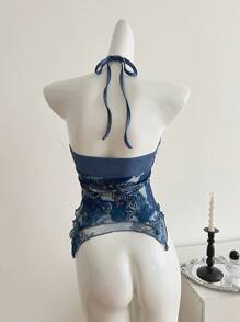 SHEIN Unity Bohemian Style Neck Tie Round Buckle Top, For Ladies, Spring/Summer - Navy Blue - View 2