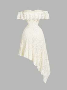 SHEIN MOD 一件式露肩荷叶边系带腰身不对称下摆纹理纯色连衣裙，露肩飘逸荷叶边，适合音乐会、毕业典礼、浪漫场合、婚礼宾客、下午茶、嬉皮风、街头风、西式等场合。 - 杏色 - 查看 2