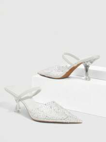 CUCCOO SZL Tacchi alti donna con strass, punta appuntita e tallone scoperto, scarpe trasparenti e traforati, eleganti e sexy, décolleté chiusi con punta a punta e slip-on