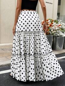 SHEIN Frenchy Falda de verano con volantes y estampado de lunares para mujer, ropa de verano informal, faldas de mujer, ropa de verano para mujer, falda de trabajo o cumpleaños - Blanco y Negro - Ver 5
