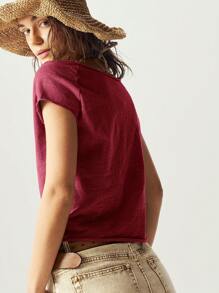 Bohemela Camiseta de mujer de cuello barco ajustada de unicolor lavada