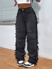 Slaydiva Women All-Season High Waisted Wide Leg Jeans With Fringe - Black - View 5
