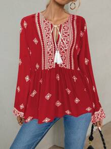 EMERY ROSE Women Retro Floral Print Long Sleeve Tie Front Shirt Peplum Top Fall Cloth For Women - Red - View 4