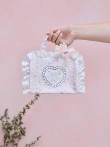 ROMWE Kawaii Borsa portatrucchi portatile di grandi dimensioni, con motivi carini da ragazza in pizzo bianco, quadretti rosa e fiocchi