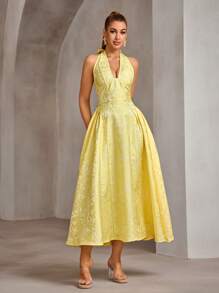 SHEIN Tall Vintage 3D Embossed Floral V-Neck Sleeveless Flare Dress For Women Women Dresses Birthday Women Birthday Outfit Women Plus Sun Dress - Yellow - View 3