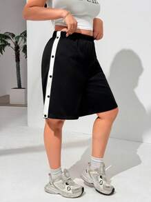 SHEIN EZwear Plus Size Black & White Loose Fit Slit Athletic Biker Shorts For Summer