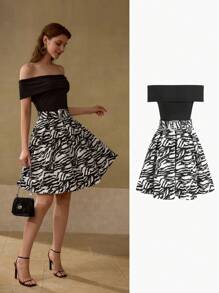 MOTF PREMIUM VESTIDO CON HOMBROS DESCUBIERTOS Y CINTURÓN - Blanco y Negro - Ver 8