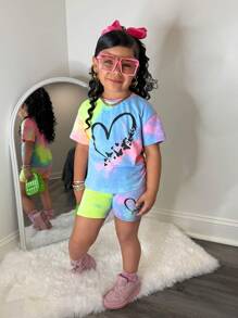 Set de 2 buc pantaloni scurți cu mânecă scurtă, casual, minimalisti, cu imprimeu de inimă, pentru fete tinere, potriviți pentru vară - Multicolor - Vizualizare 4