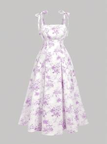 SHEIN MOD Vestido midi estampado floral vintage morado de talla grande - Lila Púrpura - Ver 1