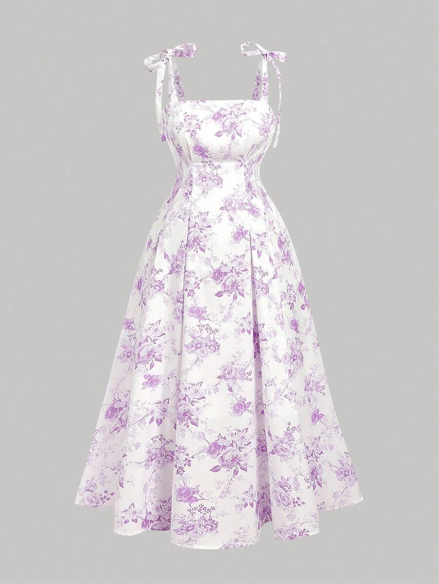 SHEIN MOD Vestido midi estampado floral vintage morado de talla grande - Lila Púrpura - Ver 1