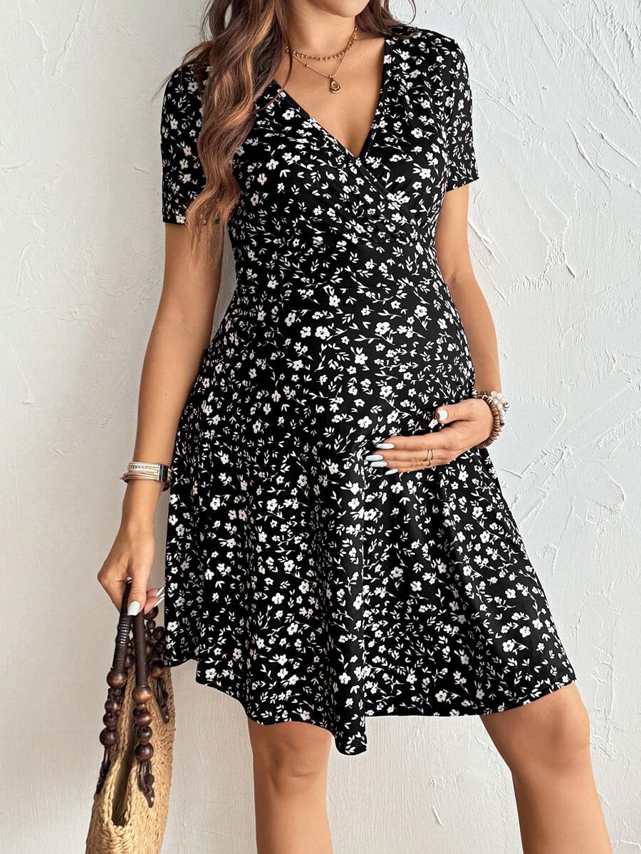 SHEIN Maternity Short Sleeve Dress, Fashionable For Summer - Black - View 1