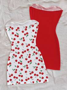 Soleia 2pcs Women's Summer Vacation Mini Dress Set,Dresses For Women Summer Suitable For Going Out - Red and White - View 2