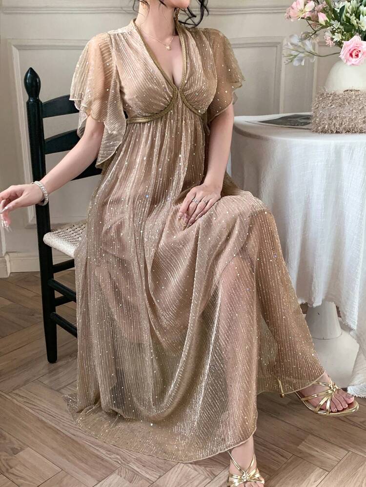 Women's V-Neck Ruffle Sleeve Short Sleeve Textured Sequin Fabric Elegant Lady Mid-Length Dress, Summer,Back To School Clothes Maxi Dress Cocktail Dress