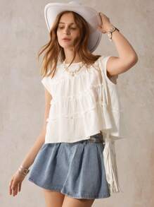 Wildy 波西米亚风美式乡村风宽松白色短袖休闲衬衫，适合办公室穿着，西部风格，女款波西米亚风娃娃衫，白色女款 - 白色 - 查看 7