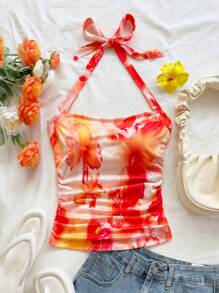 Soleia 女士度假针织浪漫橙色芙蓉印花露背褶饰腰部修身时尚背心，适合派对、约会、情人节、下午茶、复活节、狂欢节、海滩巡游度假村 - 彩色 - 查看 7