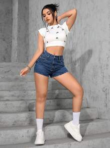 SHEIN EZwear 女式深蓝色带口袋牛仔短裤，夏季 - 藍色 - 查看 3