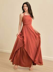 SHEIN 婚礼季伴娘青少年露背收腰褶边不对称下摆高开衩连衣裙，适合舞会、派对、生日