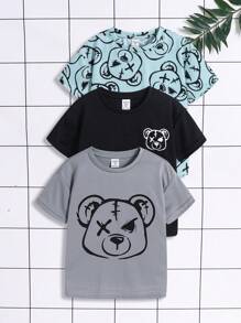 Bộ 3 áo thun tay ngắn cổ tròn in hình gấu dễ thương phong cách Hàn Quốc Nhật Bản cho bé trai, 3 màu, thích hợp cho ngày tựu trường - Nhiều màu - Xem 15