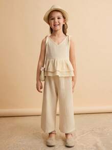 Ontre Young Girl Loose Casual Ruffle Trim Vest And Pants 2 Pieces Set - Apricot - View 1