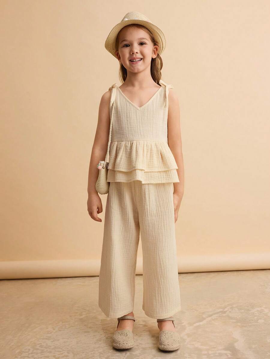 Ontre Young Girl Loose Casual Ruffle Trim Vest And Pants 2 Pieces Set - Apricot - View 1