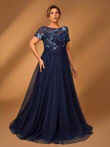 Serin Elegantes, romantisches und glamouröses Swing-Kleid in Große Größen mit Pailletten-Stickerei und Mesh-Einsätzen, geeignet für Hochzeitsveranstaltungen, Junggesellinnenabschiede, Dates, Urlaub, Tanzfestivals, Braut und Mutter, Abendkleid