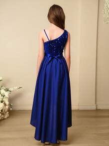 SHEIN Đầm lệch vai đính sequin, vạt bất đối xứng cho bé gái tuổi teen, thích hợp cho biểu diễn, tiệc cưới, làm phù dâu, sinh nhật, Giáng sinh, Lễ Tạ ơn. - Màu xanh lam - Xem 2