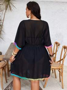 Swim Lushoire 大码女式深 V 领宽松套头衫，适合海滩度假 - 黑色 - 查看 2